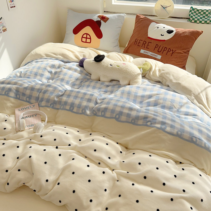 晚安猫ins蓝格小修狗牛奶绒四件套卡通被套宿舍三件套床单床品,床上用品,床品套件/四件套/多件套,淘宝优惠券,粉丝福利购,淘宝优惠卷