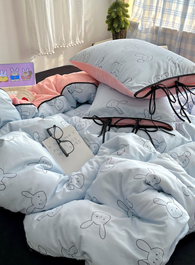晚安猫INS棉加绒嵌绳款纯棉四件套卡通兔兔宿舍三件套床单床品
