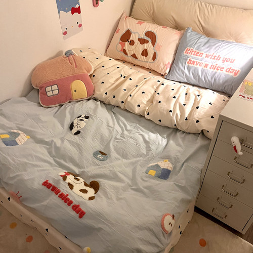 三花猫猫毛巾绣纯棉四件套