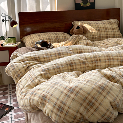 中古风复古格纹牛奶绒四件套