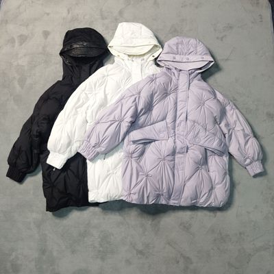 90白鸭绒！轻软舒适！菱形格连帽宽松羽绒服中长款羽绒服外套女