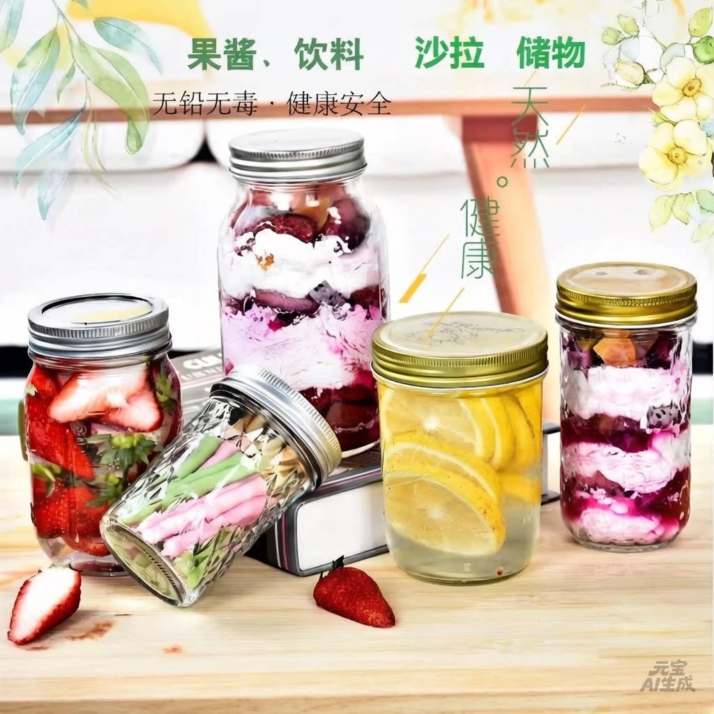 梅森玻璃密封罐带盖早餐杯沙拉瓶