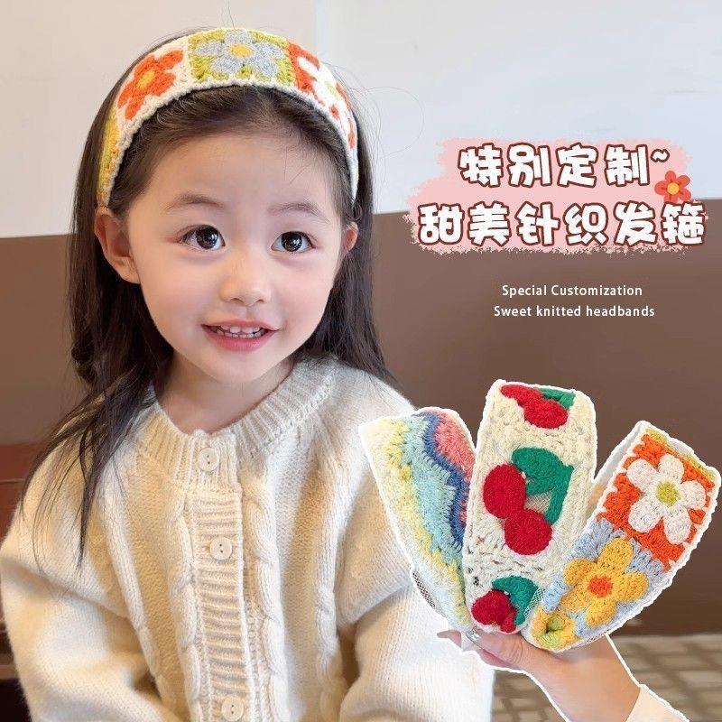 儿童甜美针织刺绣毛线花朵发箍女孩整理碎发神器宽边头箍发饰发卡