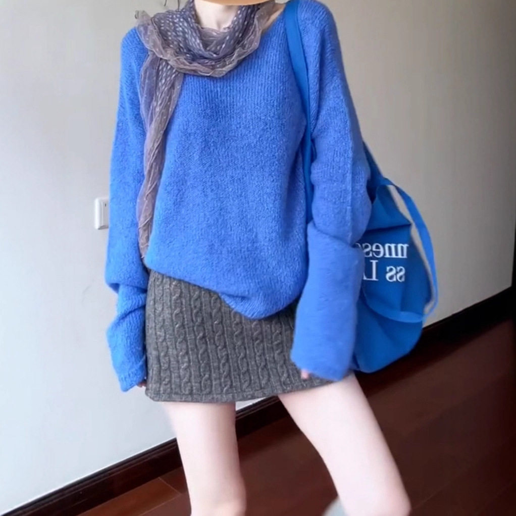 蓝色针织毛衣套装裙子女2025新款巨好看早秋季韩系穿搭一整套ootd