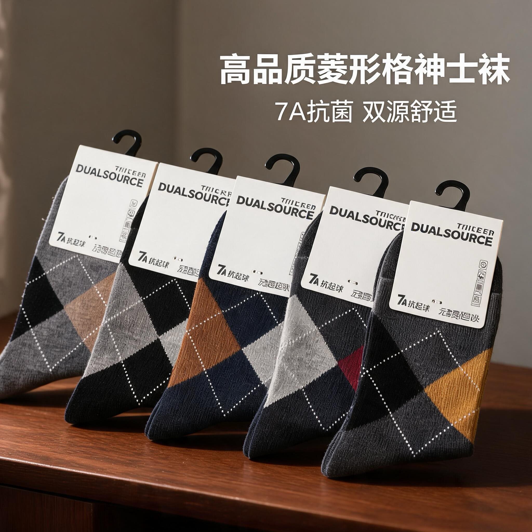 秋冬男士步旺都菱形格中筒舒适透气复古休闲商务袜7A抗菌绅士首选