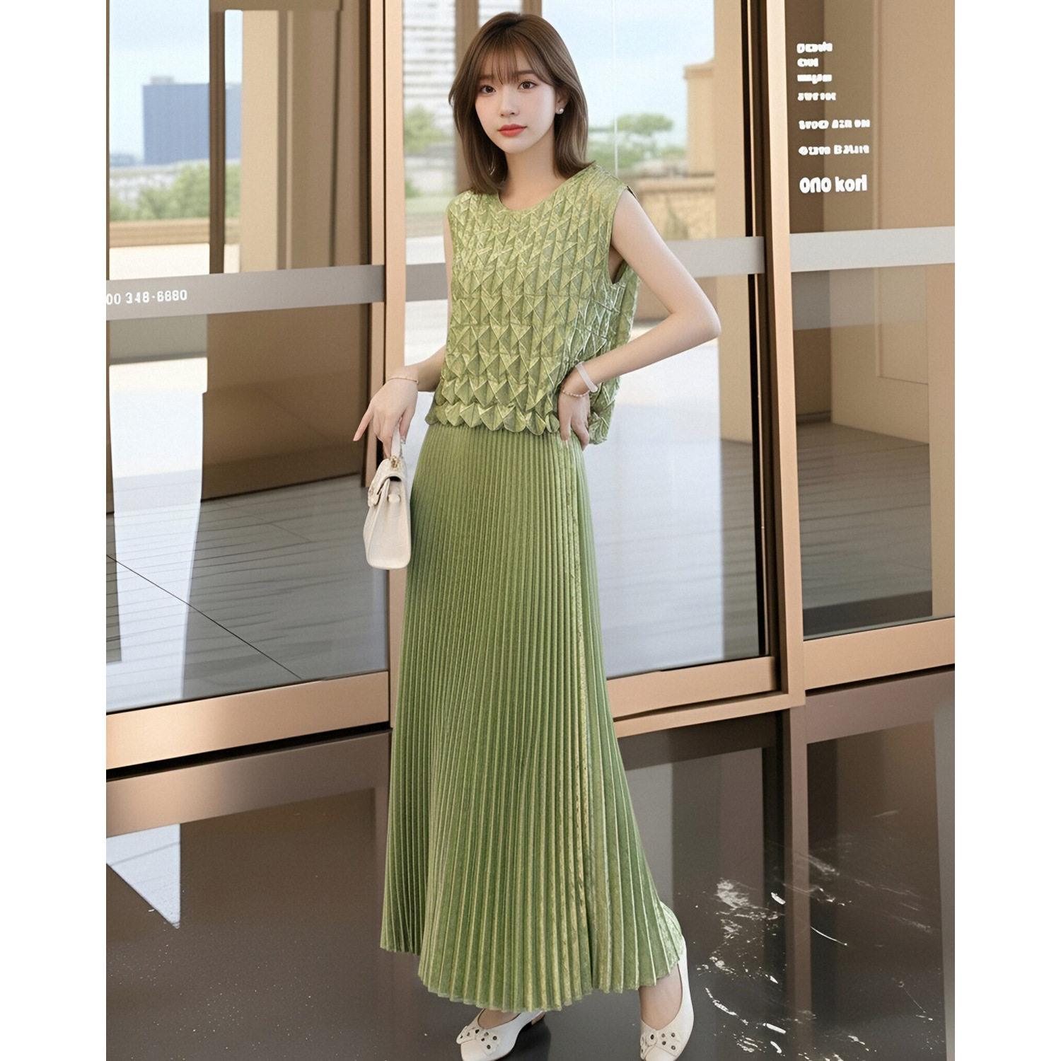 高端褶皱背心上衣百褶半身裙黑色套装夏季三宅气质女装休闲两件套图片