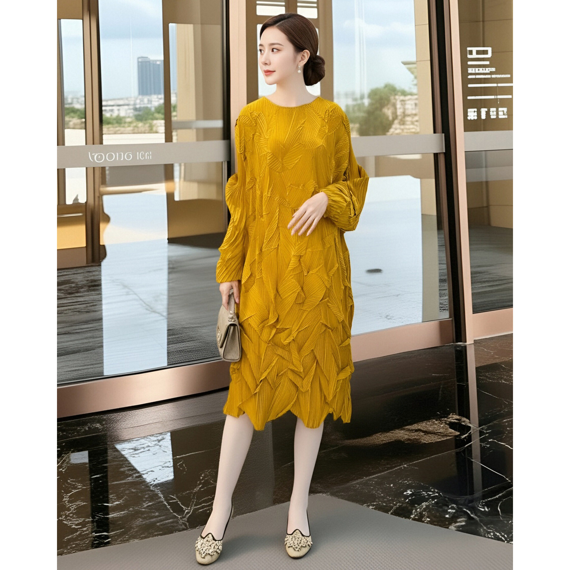 时尚设计感三宅连衣裙女春装简约休闲减龄洋气妈妈装裙子宽松褶皱