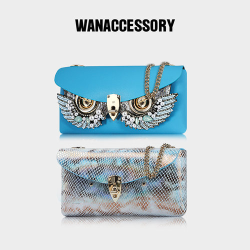 WANACCESSORY万蔻ALIAS系列牛皮双色双面西西里蓝猫头鹰换脸包