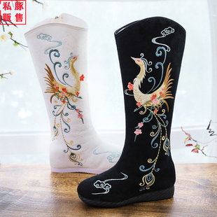 原创刺绣汉服靴内增高坡跟长筒靴加绒保暖中式棉靴古风中式布靴子