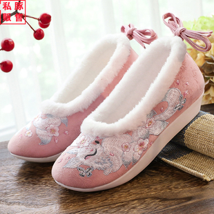 九尾狐明制汉服棉靴登云履古风增高绣花靴加绒靴北京布鞋绣花船鞋