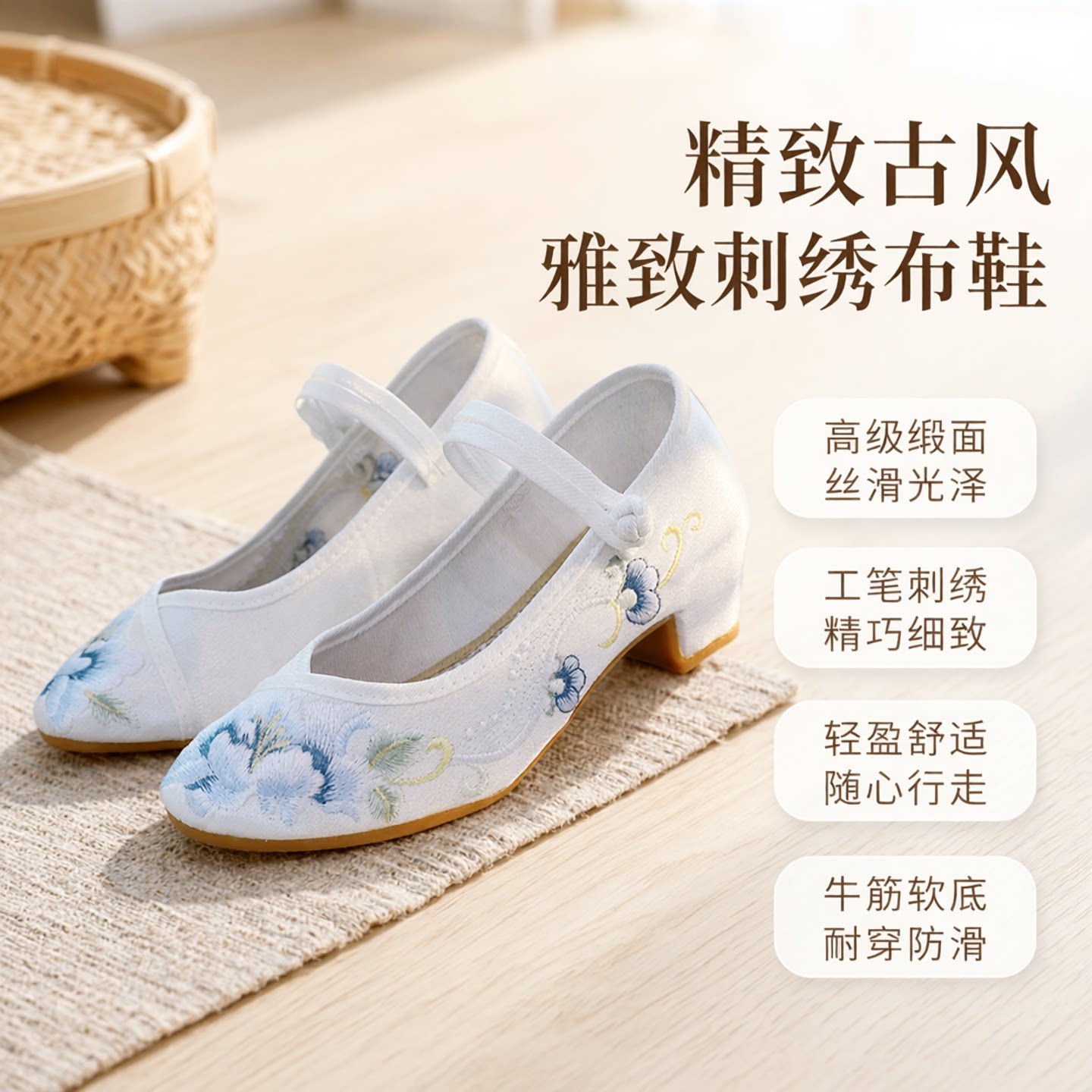 中式刺绣布鞋古风汉服鞋北京布鞋旗袍鞋配马面裙高跟鞋方跟妈妈鞋