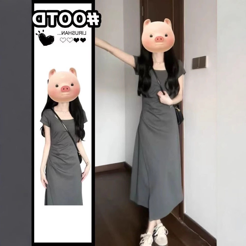 圆领褶皱掐腰连衣裙女夏