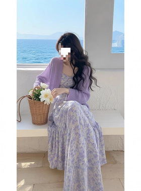 2026新款温柔风气质紫色碎花连衣裙女装法式绝美度假风套装裙