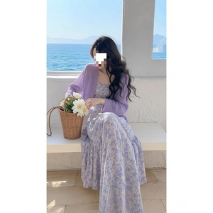 2026新款温柔风气质紫色碎花连衣裙女装法式绝美度假风套装裙