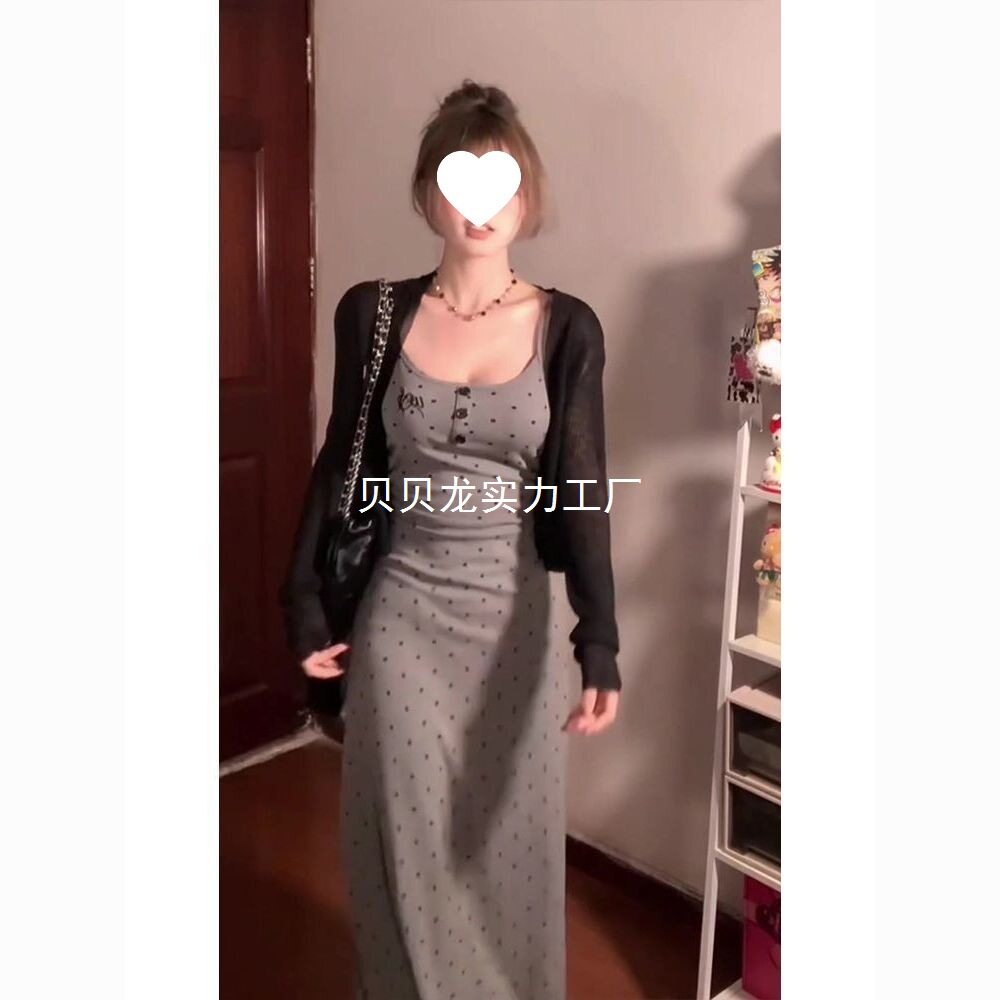 新款时尚修身外套吊带裙套装女长袖开衫_波点长裙气质显瘦两件套
