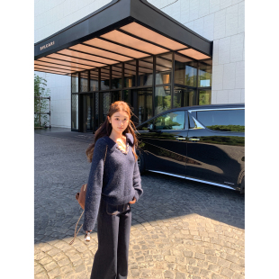 针织衫 细闪v领毛衣秋冬慵懒宽松长袖 翻领上衣 罗曼蒂克 cchen陈陈