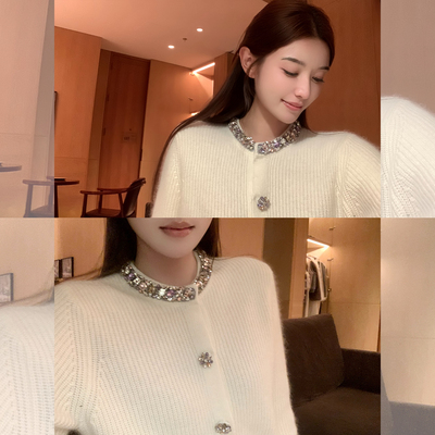 cchen陈陈-白昼梦 小香风浣熊绒长袖针织开衫女秋冬白色毛衣外套