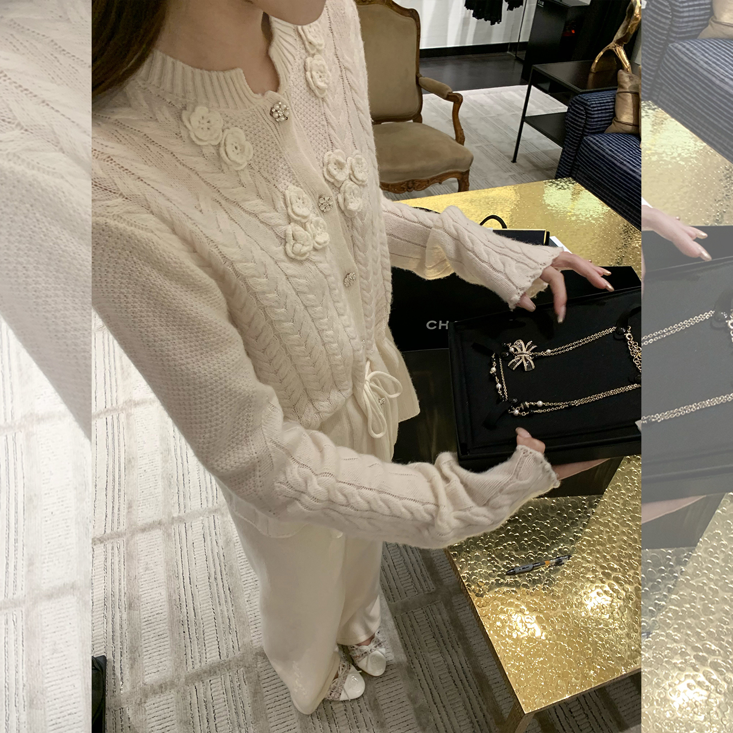 cchen陈陈-情迷巴塞罗那 立体花朵针织羊毛开衫女阔腿裤毛衣套装