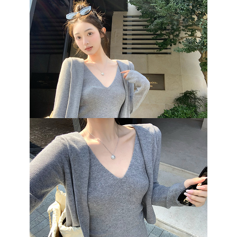 松弛感细闪羊毛吊带连帽开衫裤子