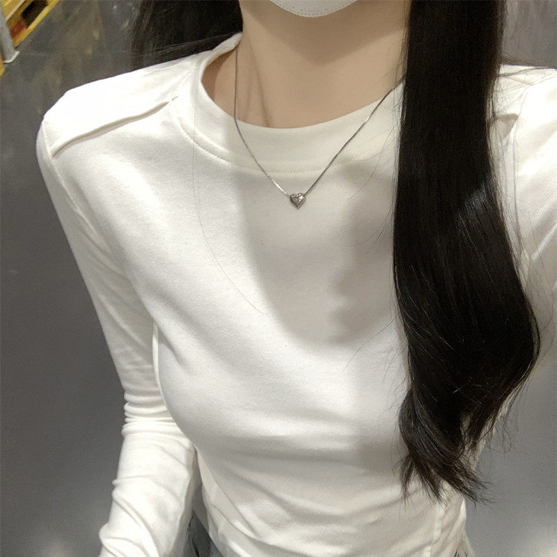 早秋别致白色T恤女纯棉设计感绝美正肩显瘦鱼骨长袖打底内搭上衣