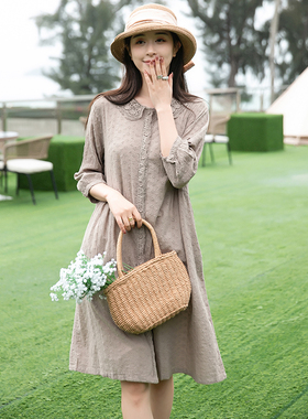 冉裳原创简棉麻连衣裙夏天薄款文艺衬衣领女装春夏森系绣花卡其色