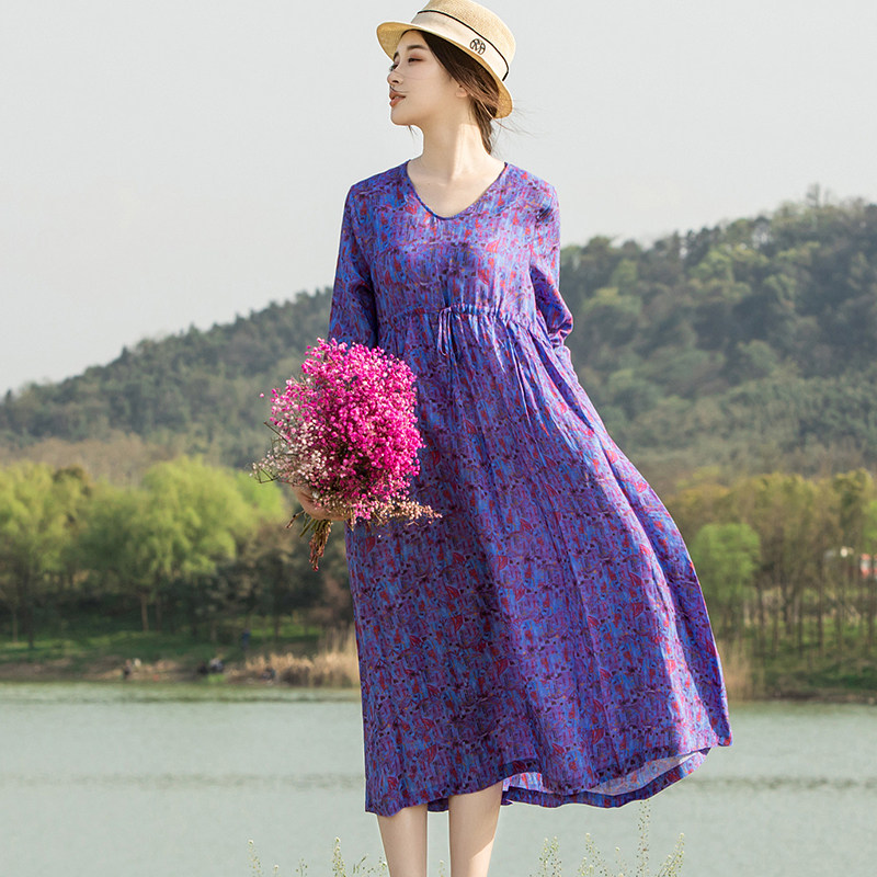 冉裳原创2024初春蓝紫色手绘苎麻印花圆领抽绳收腰田园气息连衣裙,女装/女士精品,连衣裙,淘宝优惠券,粉丝福利购,淘宝优惠卷