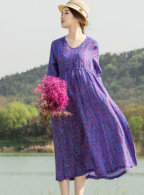 冉裳原创2024初春蓝紫色手绘苎麻印花圆领抽绳收腰田园气息连衣裙