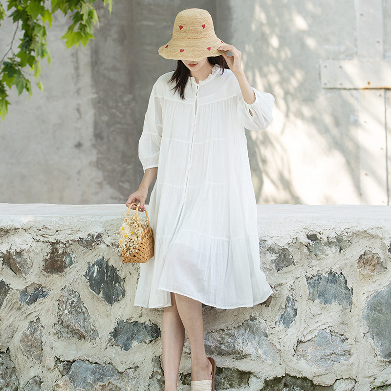 森系褶皱木耳边小白裙