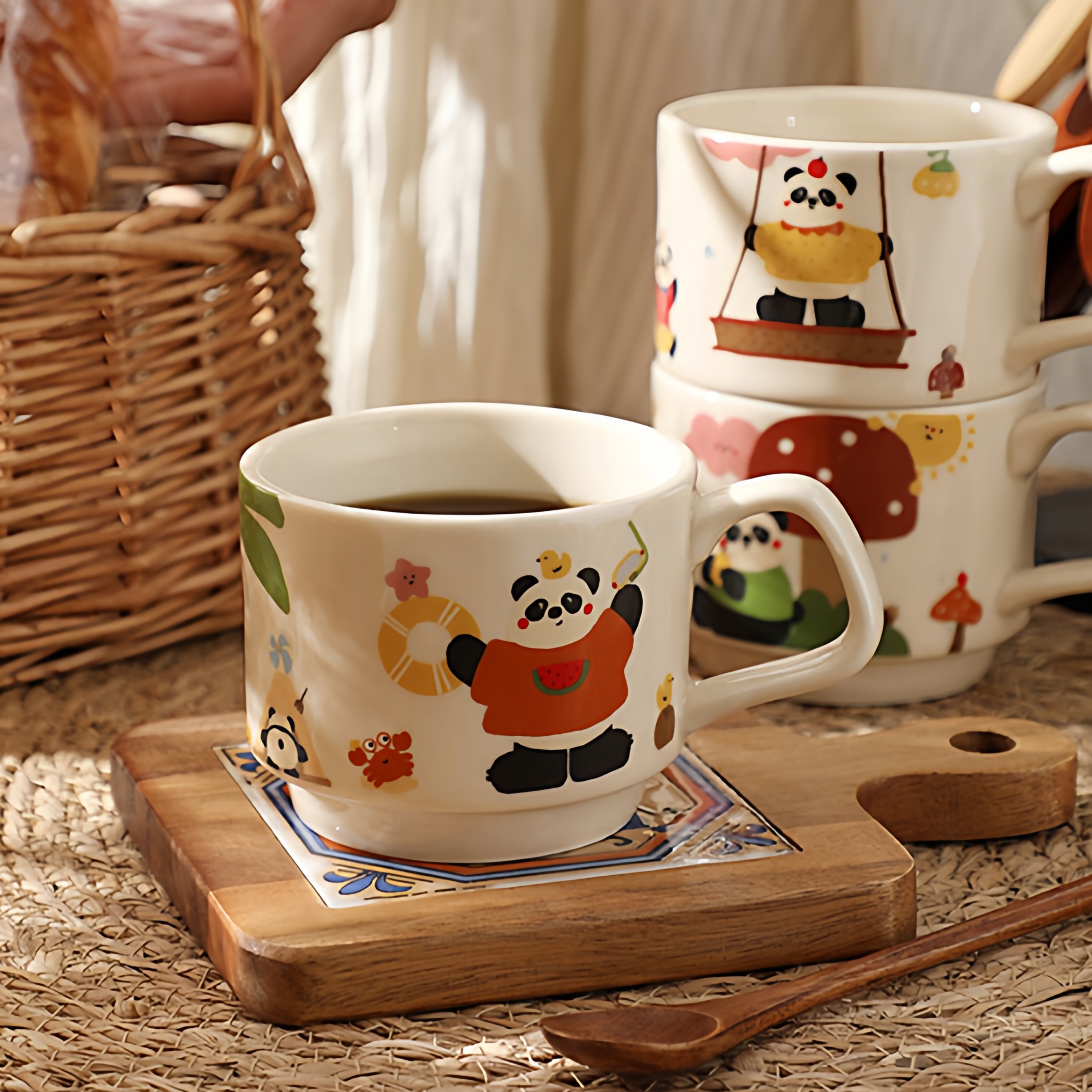 卡通熊猫马克杯可爱儿童陶瓷杯家用喝水杯办公室杯子带手柄咖啡杯,餐饮具,马克杯,淘宝优惠券,粉丝福利购,淘宝优惠卷