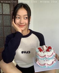 misaaa 定染26支100%山羊绒 甜美经典撞色刺绣字母少女感短款毛衣