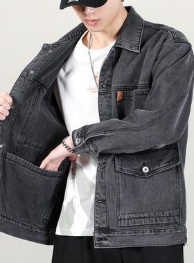 高档秋冬款牛仔外套男新款日系多口袋工装宽松大码男装夹克男