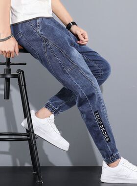 春秋季男士牛仔裤男2023年新款潮流宽松束脚哈伦裤秋冬工装长裤子