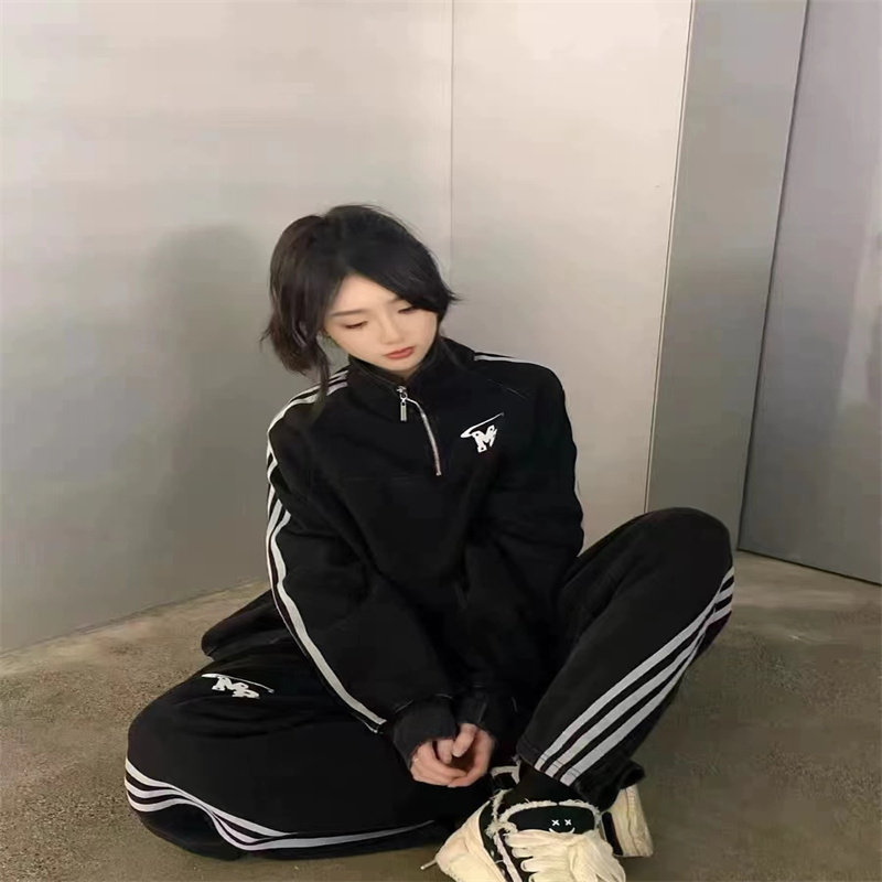 胖MM2-300斤运动套装春秋学生韩版宽松休闲复古卫衣两件套跑步服