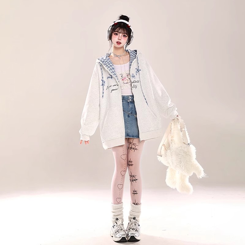 韩系慵懒风刺绣开衫连帽卫衣女秋季新款穿搭超火减龄宽松休闲外套