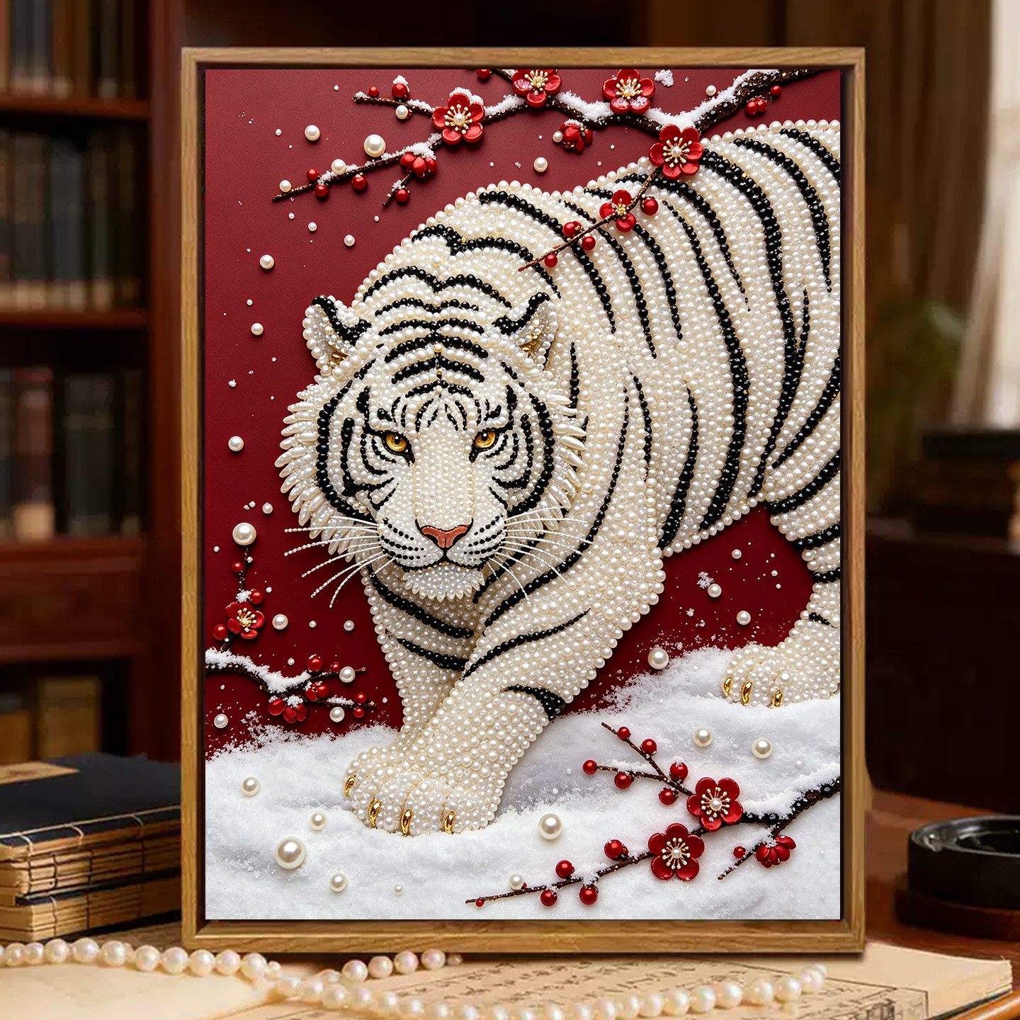 2026新款珍珠画雪山白虎材料DIY手工钻石贴画高级客厅装饰画摆件