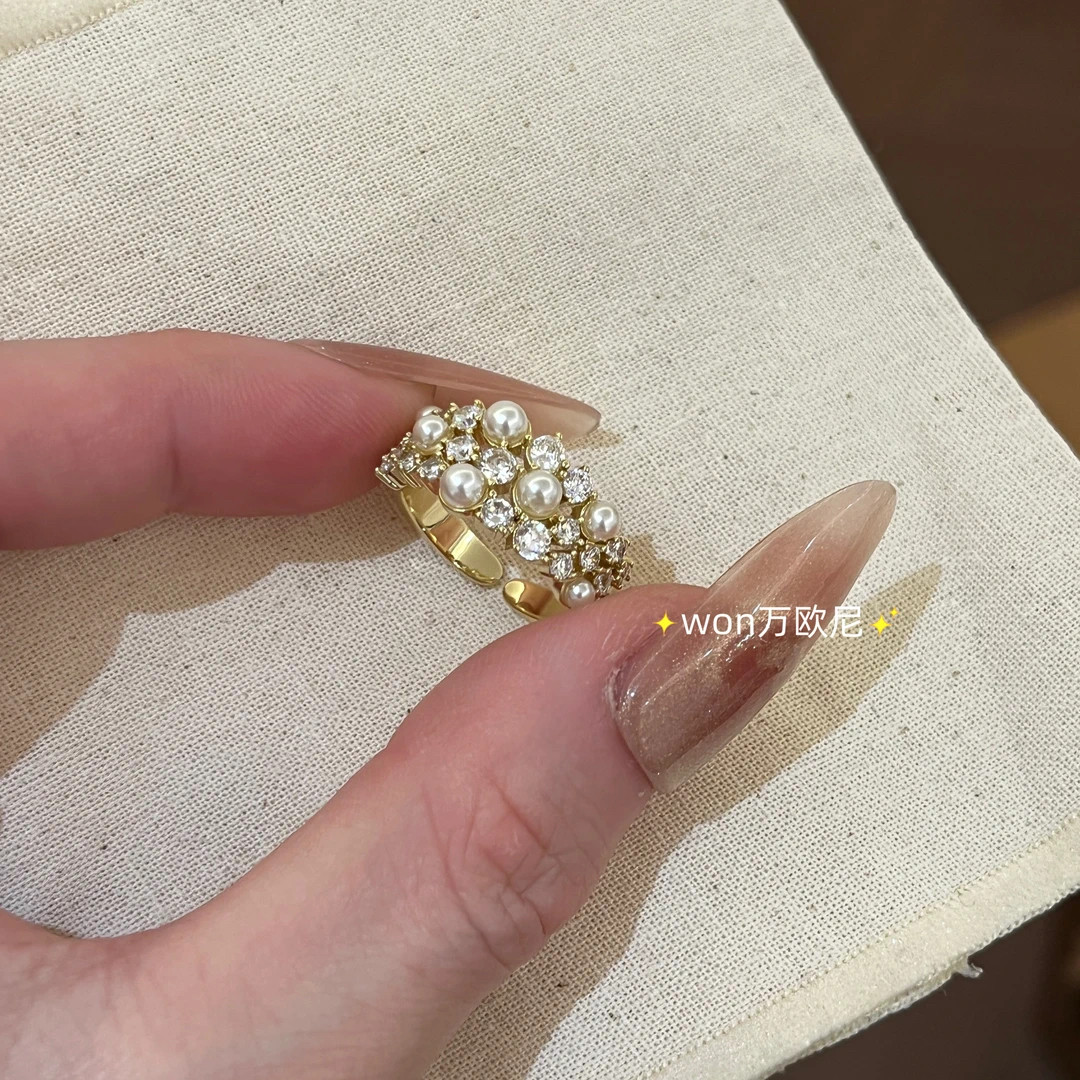 小众设计师珍珠锆石戒指女金色花朵造型高级感百搭指环  主 J751