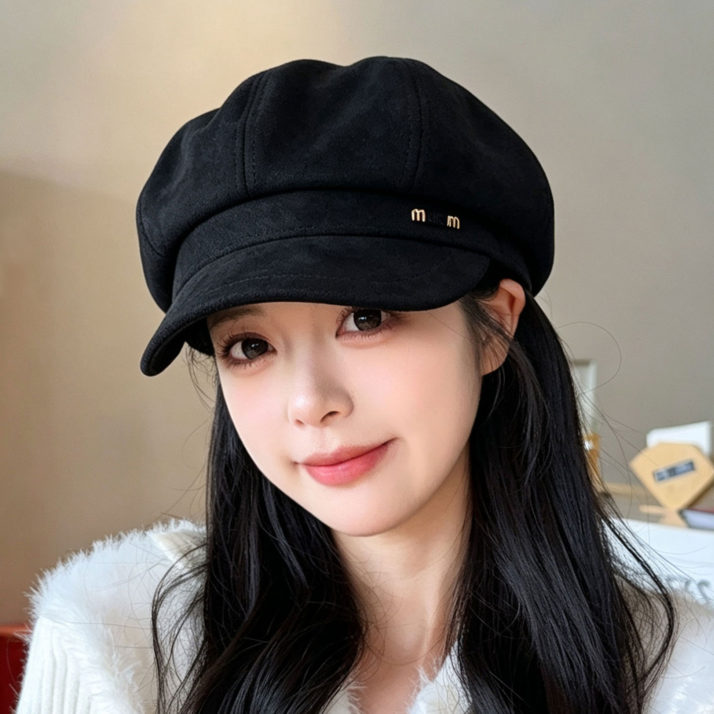 植绒mm标八角帽女贝雷帽秋冬季图片