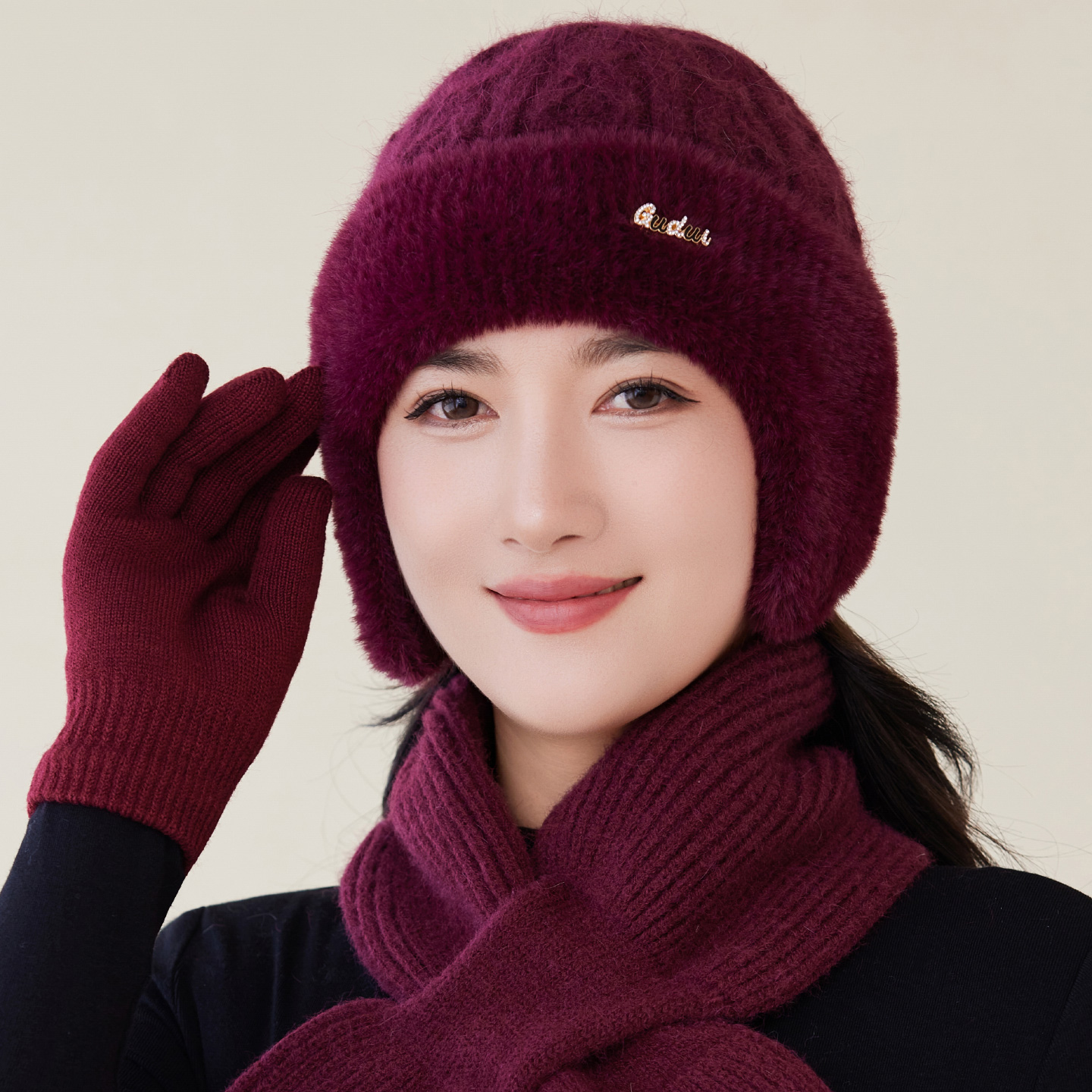 冬季帽子女中老年人妈妈加绒兔毛套头针织帽老太太奶奶护耳毛线帽