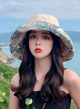 双面可戴渔夫帽防晒帽女夏大帽檐遮脸太阳帽子遮阳帽棉盆帽民族风