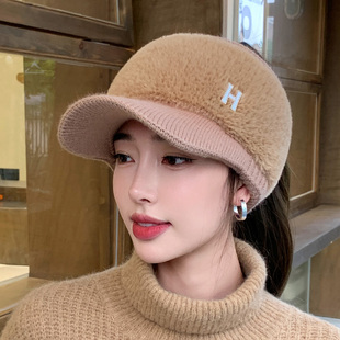 空顶针织毛线帽女秋冬季保暖鸭舌棒球女帽子加绒加厚骑车冬天防寒