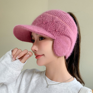 帽子女冬天骑行针织护耳鸭舌帽加绒保暖空顶套头帽针织毛线帽冷帽