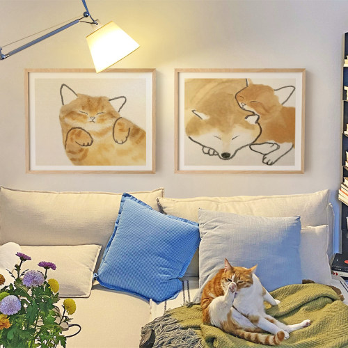 原木奶油风猫咪挂画餐厅电表箱装饰画开关遮挡温馨儿童房可爱壁画