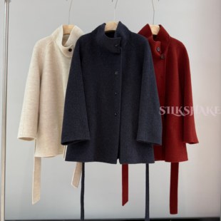 双面羊毛大衣女简约通勤2025秋冬立领腰带修身双排扣百搭毛呢外套