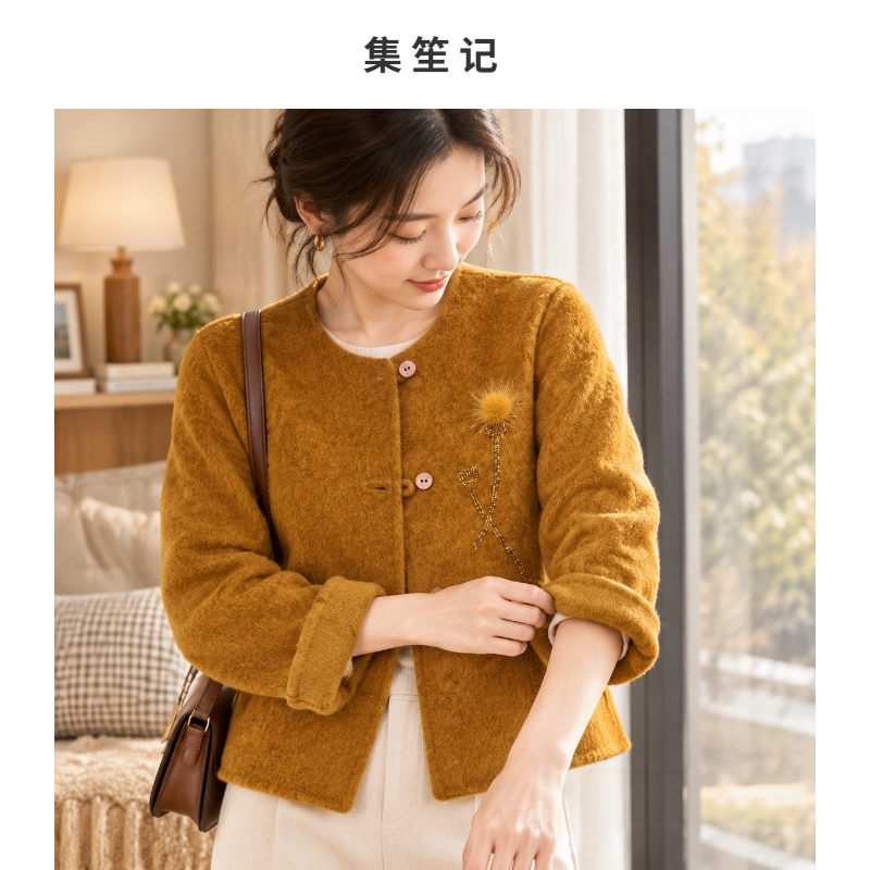 短款圆领装饰羊毛大衣女秋冬显瘦