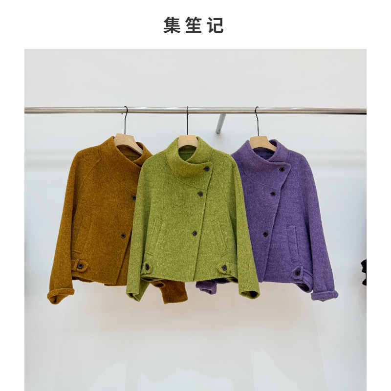 立领短款斜襟羊毛大衣女气质百搭