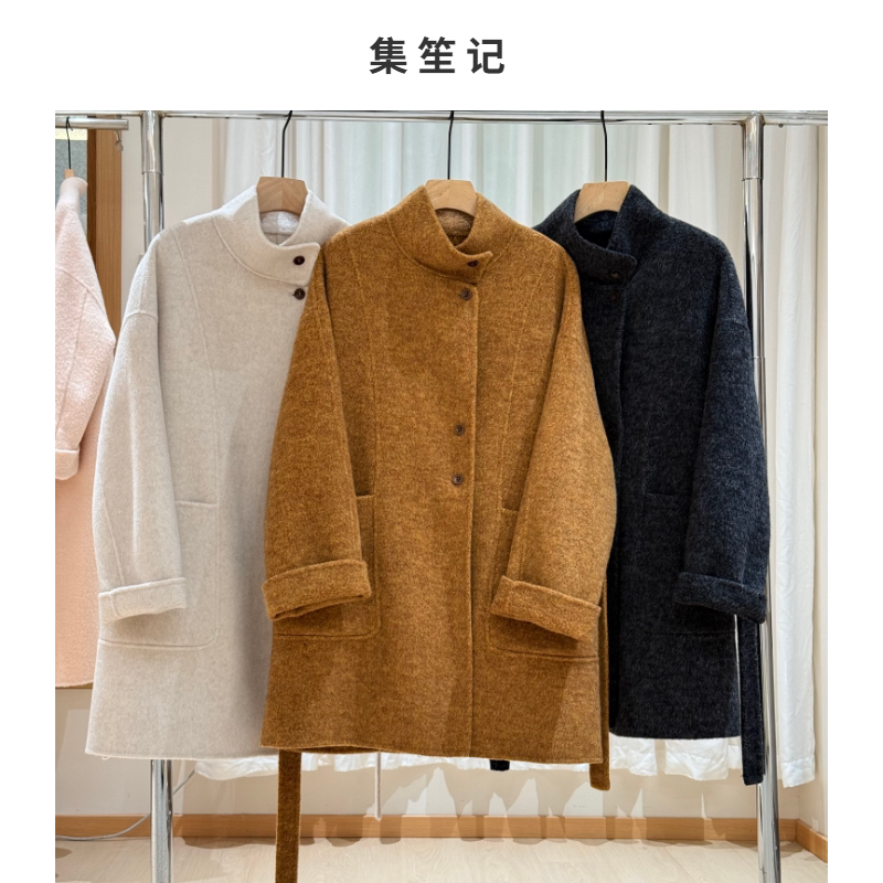 立领单排扣羊毛大衣秋冬系带收腰