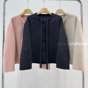 秋冬新款双面羊毛大衣圆领系带小个子气质显瘦毛呢外套女气质通勤
