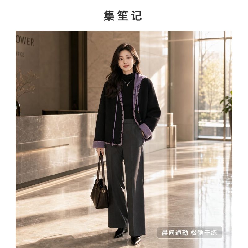 集笙记真两件套毛呢外套女秋冬羊毛天丝混纺带帽马甲撞色短款显瘦