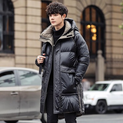 高端免洗亮面羽绒服男士中长款冬季2025新款加厚保暖连帽外套男款