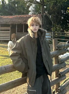 Grotequel秋冬美式复古座山雕毛领结构棉服冬季加厚飞行夹克外套